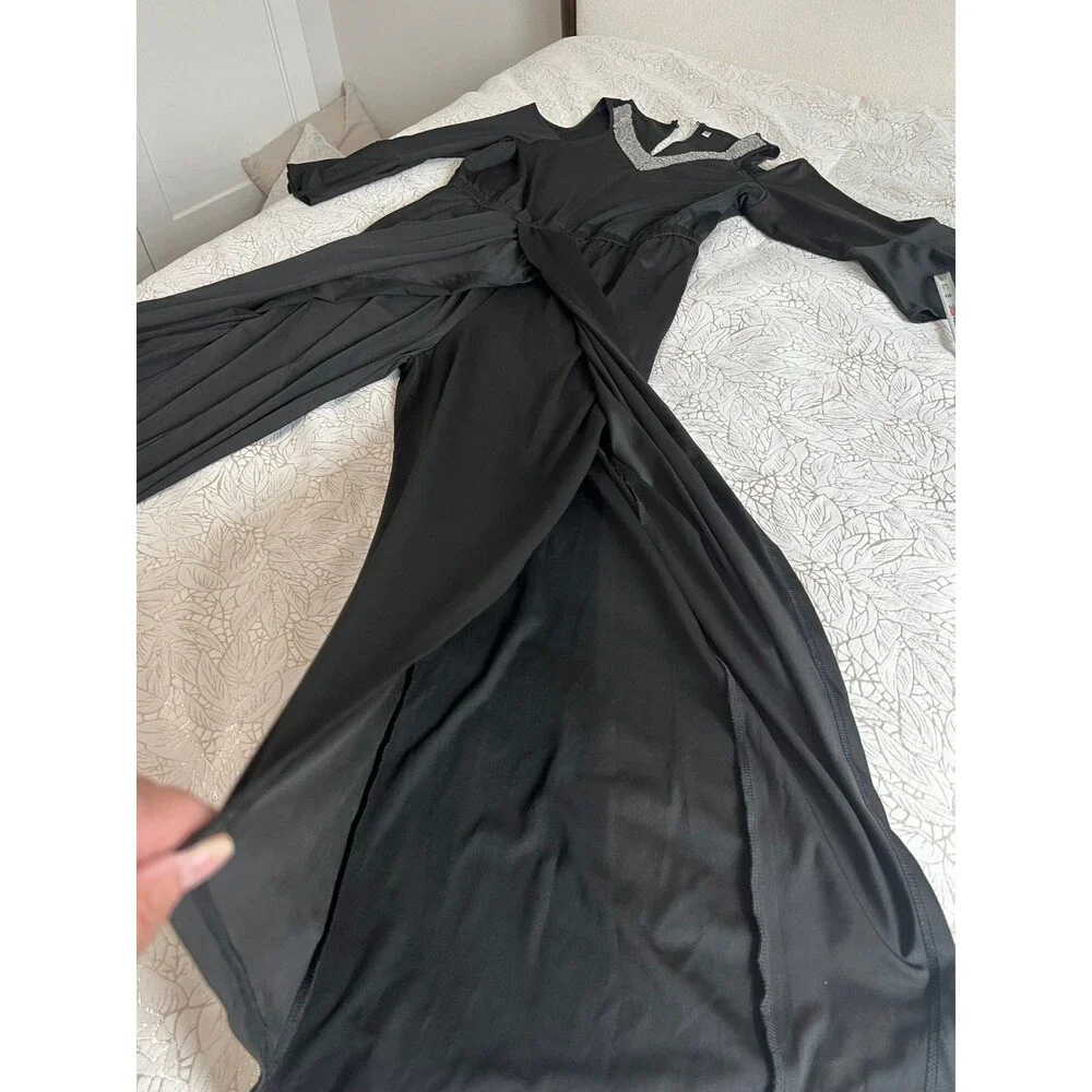 Black Cold Shoulder Bell Sleeve Wide Leg Jumpsuit with Sequin Neckline NEW